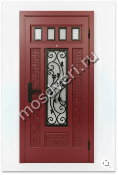 Красная входная дверь в дом с декоративной ковкой и матовым стеклом - купить от производителя Мосдвери Красная входная дверь в дом с декоративной ковкой и матовым стеклом